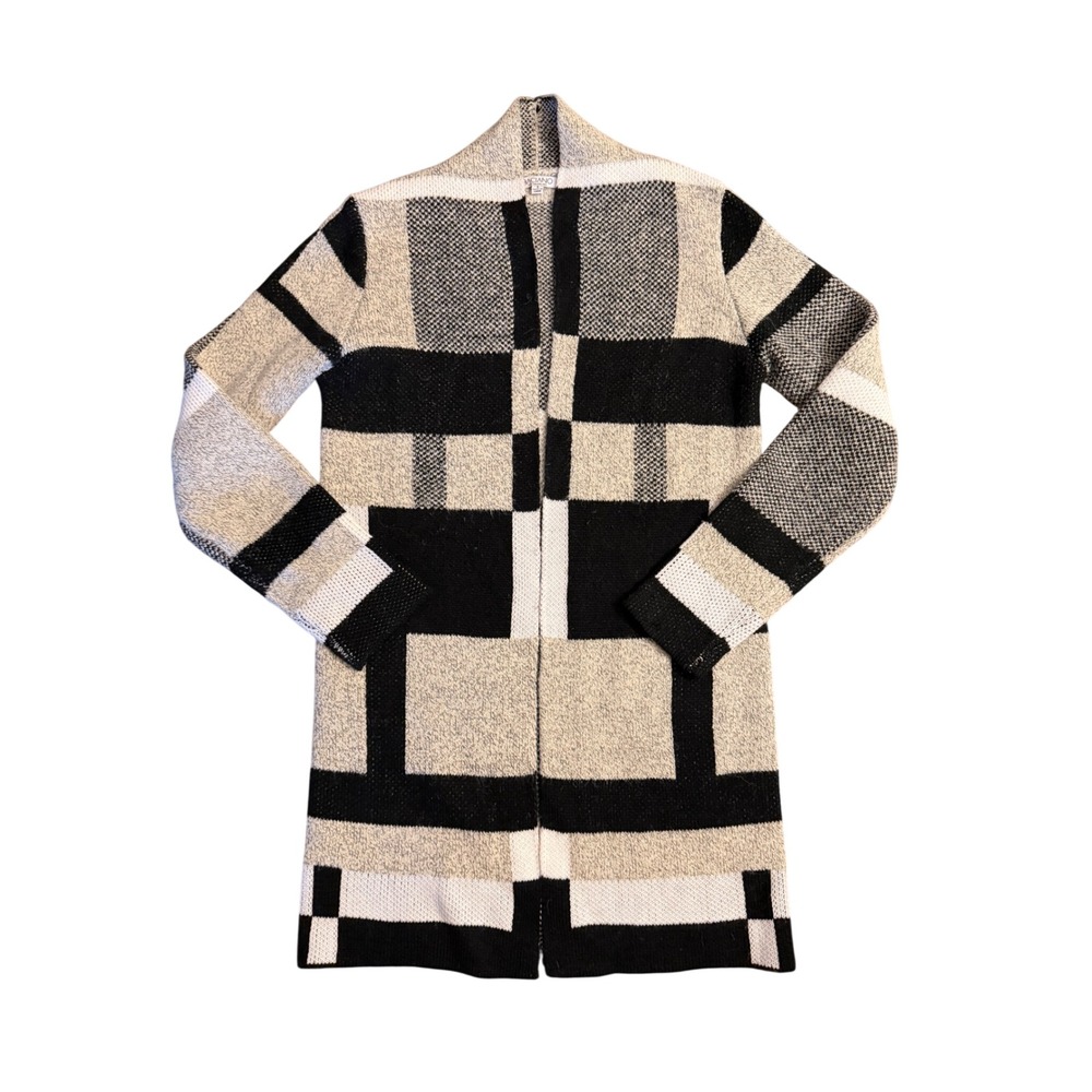Baciano Women Black‎ Tan Geometric Colorblock Open Front Longline Cardigan Small